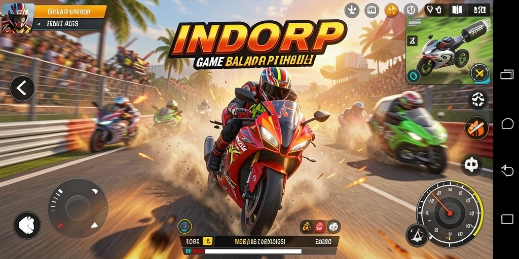 Tampilan gameplay INDORP yang mendebarkan dan penuh aksi balap motor.