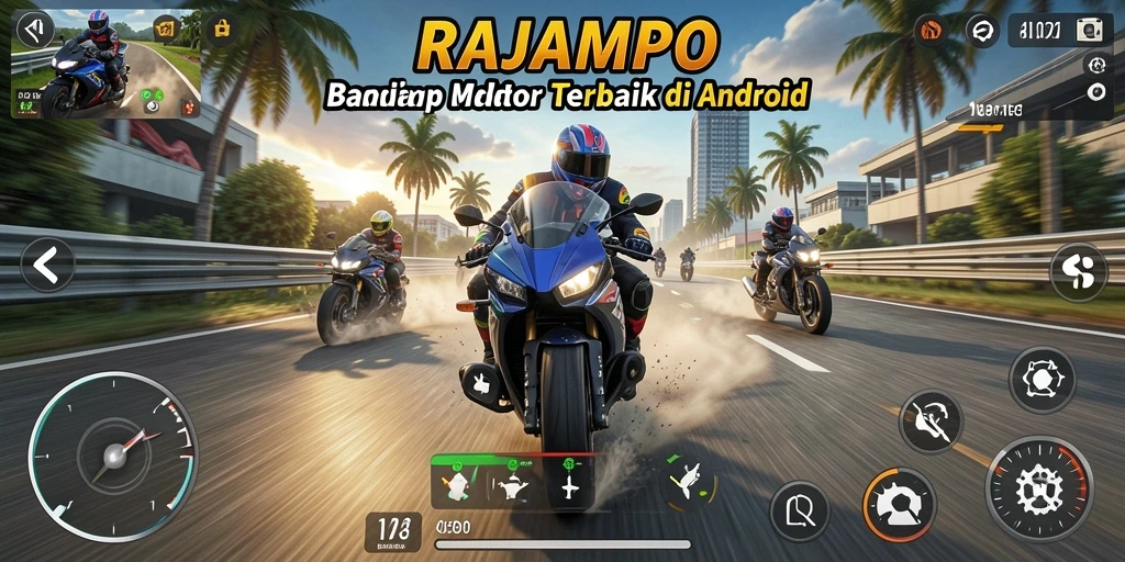 Tampilan gameplay mendebarkan dalam RAJAMPO balap motor.