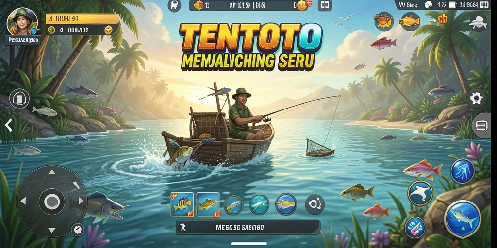 Screenshot gameplay TENTOTO yang menunjukkan keseruan memancing.