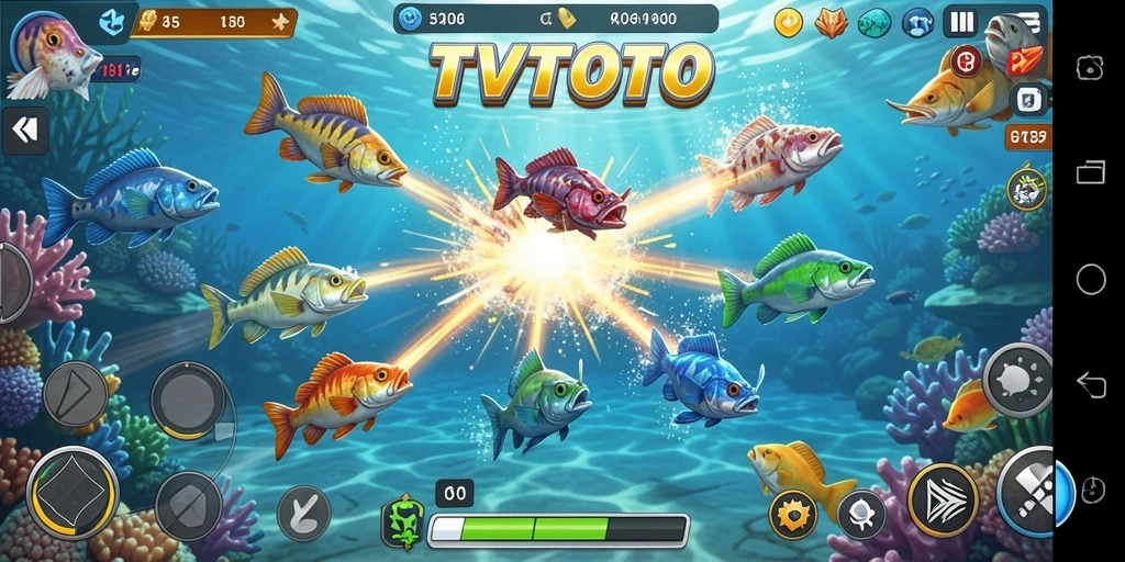 Screenshot gameplay TVTOTO dengan aksi tembak ikan yang menarik.