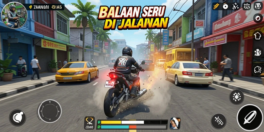 Gameplay ZK6 menunjukkan balapan menegangkan di jalanan kota.